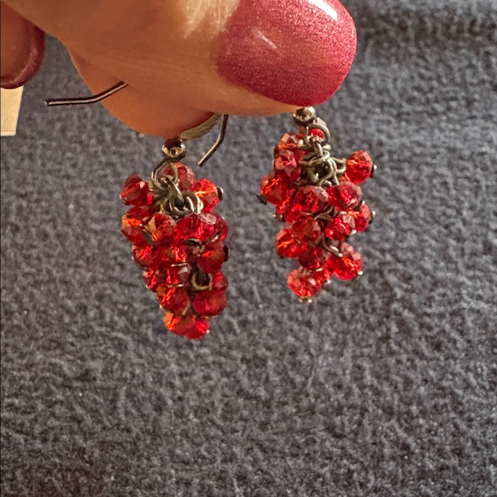 Red Beaded Cluster Drop Earrings